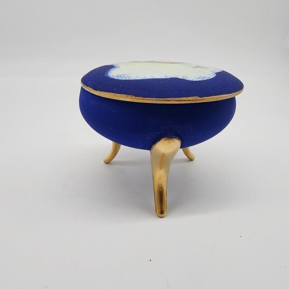 VTG Cobalt Blue Porcelain Footed Trinket Box Painted Floral Lid By E. Cumbria - Picture 7 of 11